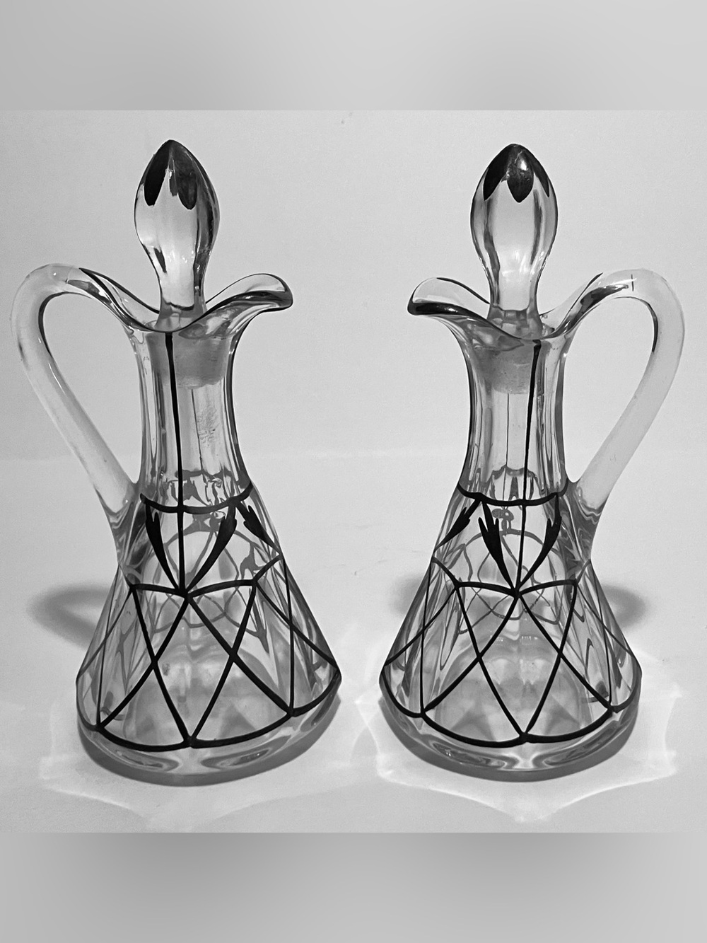 1930s ART DECO Cruet Set / SPIDERWEB Sterling Overlay / 6.5 Inches Tall / RARE